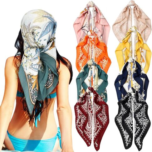 Zhanmai 8 Pcs 27.5 x 27.5 Inch Square Satin Head Scarves Women Silk Bandana Hair Scarves Hair Wrap Neck Scarf for Sleeping in Saudi Arabia
