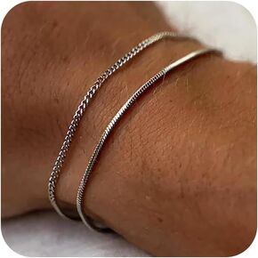 Silver Bracelets for Men Women 2mm Snake Cuban Mens Bracelet 6.5/7/7.5/8/8.5 Inches Bracelets Set Silver Mens Jewelry Gifts for Men