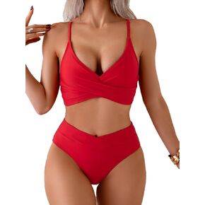 Fanuerg Women's V Neck Bikini Sets Twist Front Two Piece Swimsuit Adjustable Spaghetti Straps V Cut Bottom Bathing Suit