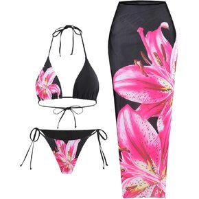 MakeMeChic Women's Bikini Sets Floral Print Halter Tie Back Swimsuit with Cover Up Skirt