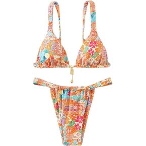 MakeMeChic Women's Two Piece Bathing Suit Floral Triangle Swimsuit High Cut Tie Side Bikini Sets