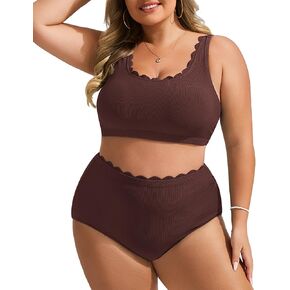 Hanna Nikole Women Plus Size High Waisted Bikini Swimsuits Ribbed Tummy Control Bikini Sets Scalloped Bathing Suits