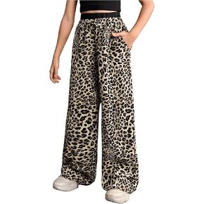 Floerns Girl's Leopard Print Patched Drawstring Waist Wide Leg Y2k Pants