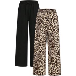 GORGLITTER Girl's 2 Pack Drawstring Waist Leopard Print Long Pants Wide Leg Loose Trousers