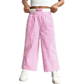 OYOANGLE Girl's Letter Patch Striped Elastic High Waist Long Pants Straight Leg Loose Trousers with Pockets