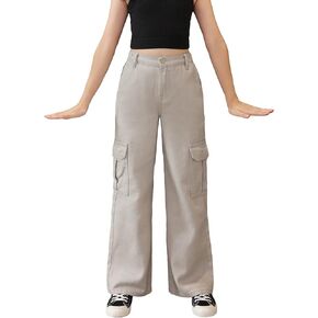 OYOANGLE Girl's High Waist Flap Pockets Side Cargo Pants Casual Straight Leg Long Trousers