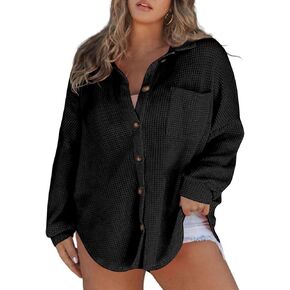 Eytino Womens Plus Size Boyfriend Shirts Casual Long Sleeve Button Down Oversized Waffle Knit Shacket Jacket(1X-5X)