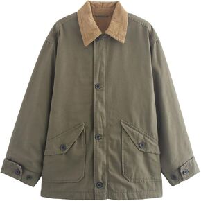 Kissonic Womens Oversized Barn Jacket Button Down Corduroy Lapel Collar Canvas Jacket Outwear