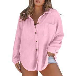 Eytino Womens Plus Size Boyfriend Shirts Casual Long Sleeve Button Down Oversized Waffle Knit Shacket Jacket(1X-5X) in Kuwait