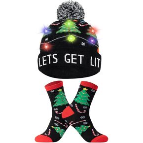 Light Up Beanie Christmas Winter Hat and Novelty Funny Socks, Holiday Gifts for Men Women Teens