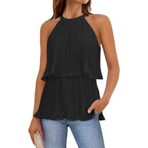 ZESICA Women's Summer Halter Tank Tops Casual Sleeveless Ruffle Tiered Layered Chiffon Flowy Blouse Shirts