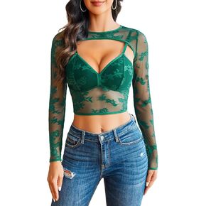Avidlove Lace Top for Women Long Sleeve Mesh Top 2 Piece Cami Top with Shrug Crew Neck Tops Sheer Blouse See Through Crop Top
