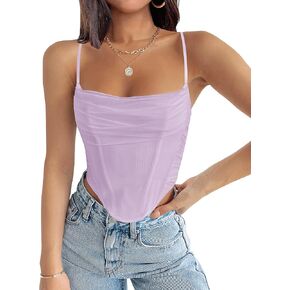 ZESICA Women's Summer Corset Tops Sexy Spaghetti Straps Mesh Bustier Top Cute Camisole Tank Tops