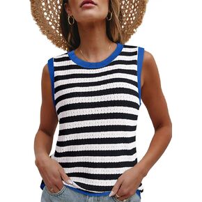 Dokotoo Women's Tank Top Casual Summer Sleeveless Sweater Vest Fashion Striped Color Block Knit Crewneck Tops Shirts