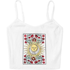 SOLY HUX Women's Spaghetti Strap Floral Sun Graphic Print Ribbed Knit Crop Cami Top
