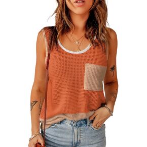 Dokotoo Womens Tank Tops Summer Waffle Knit Casual Crewneck Sleeveless Color Block Blouses Tops with Pockets