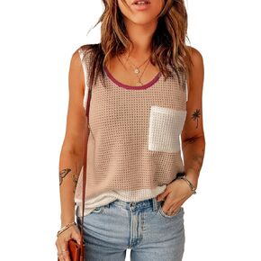 Dokotoo المرأة تانك القمم الصيف الهراء متماسكة عادية Crewneck أكمام كتلة اللون البلوزات بلايز مع جيوب