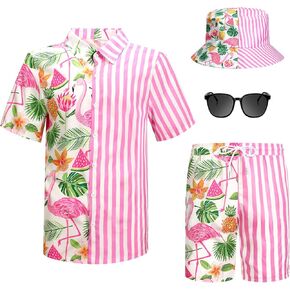 Harloon 4Pcs Mens Hawaiian Shirt and Short Set Beach Outfit Flamingo Print Halloween Tropical Suit with Bucket Hat Sunglasses