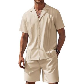 COOFANDY Mens 2 Piece Short Set Guayabera Button Down Shirt Casual Summer Beach Outfits