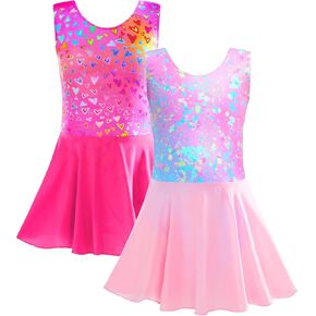 TENVDA Bundles of Dance Leotard for Girls 5-6 Years Old Sparkly Pink Blue Graffiti Hearts Print Tank Ballet Dress Ballerina Outfit