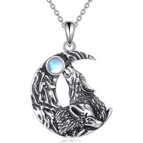 KQF Wolf Half Moon Neckalce for Sterling Silver Crescent Moon Pendant Jewelry Wolf Moonstone Necklaces for Men Teen Girls Boys Gifts