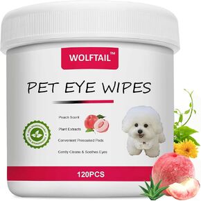 Dog Eye Wipes, Tear Stain Remover for Dogs & Cats - 120pcs Remove Eye Discharge and Crust - Pet Cleaning Grooming Deodorizing Wipes for Eyes/Face, Natural and Non-Irritating Peach Scent