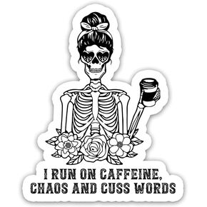 3 Pcs - I Run On Caffeine Chaos and Cuss Words Sticker 3x4 inch, Coffee Addict Quotes Sticker Gift for Coffee Lover Decorations for Laptop Bottle Coffee Mug Phone Car Wall Window