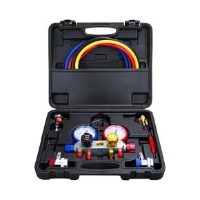 4 Way AC Gauge AC Diagnostic Manifold Gauge Set for R410A R22 A134A Refrigerant 4 Valve AC Manifold with 5FT Hoses Couplers Can Tap & Adapters