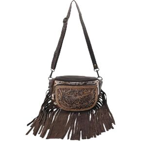 Western Fashion Waist Pouch for Women - Brown Genuine Cowhide Tooled Leather Highland Cow Fenny Bag with Suede Fringes Cowgirl Fenny Bag