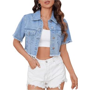 WDIRARA Women's Button Down Crop Denim Jacket Frayed Edge Short Sleeve Collared Neck Jacket with Flap Pockets