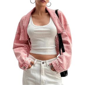 MakeMeChic Women's Fall Trendy Collar Long Sleeve Button Front Y2K Cropped Denim Jean Shrug Jacket Outerwear
