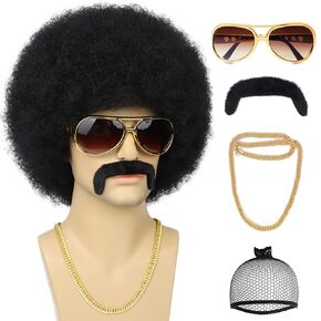 70S Men’s Afro Wig for Disco Party, 5pcs Set (Wig+ Glasses+ Necklace+ Mustache+ Wig Cap) Black Afro Curly Retro Disco Rocker Wigs for 70S 80S Costume Halloween Cosplay Use