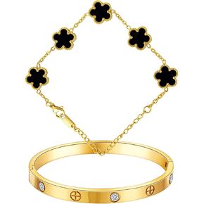 Stackable Gold Clover Bracelets for Women-2Pcs 18K Gold Plated Friendship Love Cubic Zirconia Lucky Five Leaf Link Bracelets Dainty Bangle Stack Jewelry Set Gifts for Christmas Valentines Wedding Couples Birthday