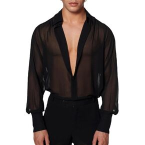 Men's Mesh Sheer See Through Long Sleeve Rave Disco Outfit Collar Button Front Party Shirt Tops