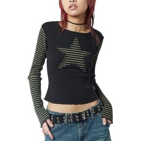 Women Vintage Star Pattern Stripes Patchwork T Shirts Long Sleeve Crew Neck Crop Top Casual Y2K 90s Streetwear