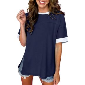 Caracilia Womens Oversized T Shirts Short Sleeve Crewneck Colorblock Summer Casual Loose Tee Tops 2025 Fashion Trendy Clothes
