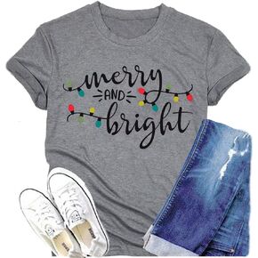 Christmas Shirt Merry and Bright Christmas Lights T-Shirts Women Xmas Lights Graphic Shirts Merry Christmas Holiday Top