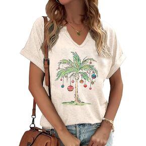 Christmas V Neck Shirts for Women Xmas Buffalo Plaid Tree Shirt Merry and Bright Shirt Casual Graphic T Shirt Tops