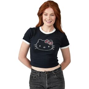 Hello Kitty Character Face Outline Crew Neck Short Sleeve Women's Black Crop Top Baby Tee