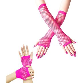2 Pairs Fishnet Gloves Women's Mesh Fingerless Gloves for 80s Costume Theme Party, Hot Pink, Long&Short