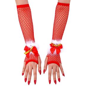 Christmas Gloves Xmas Holiday Gloves Red Long Fishnet Gloves for Women Santa Gloves with Bells Bow (Red-Long)