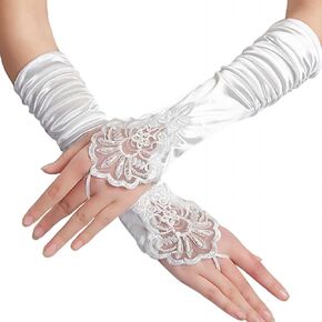 Specell Fingerless Satin Gloves Long 14.2 Inch Lace Fingerless Gloves Women For Bridal Prom Wedding Party Costume Accessories