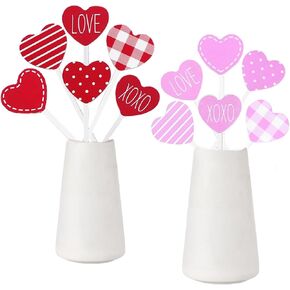 12pcs Valentines Day Decorative Picks Wooden Heart Picks Double-Sided Heart Fairy Wand Sticks Farmhouse Rustic Desk Topper for Flower Vase Filler Home Decorations