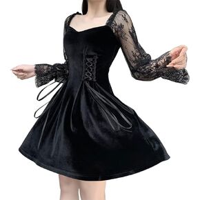 Black Lace-Up Gothic Long Lace Petal Sleeve Dress Classic Goth Suede Dresses XX-Large