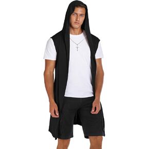RAGEMALL Mens Sleeveless Long Cardigan Open Front Draped Lightweight Hooded Sweater with Pockets