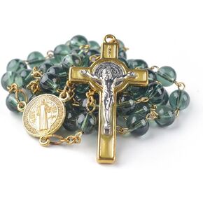 Rosary Beads Catholic for Women - Green Rosary Necklace for Women with Pearl Beads - Medal Cross Saint Benedict Rosary for Men - Rosarios Catolicos for Christmas Gift (Green)