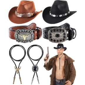 Ramede 6 Pcs Western Cowboy Accessories for Men Includes Wide Brim Cowboy Hats Bolo Ties Leather Buckle Belts for Women Men Halloween Western Costume in Kuwait