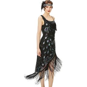 BABEYOND 1920s Flapper Dress Gatsby - Sequined Peacock Pattern Dress for Women Long Fringed Art Deco Dress