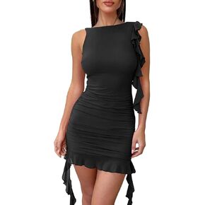 IHOT 2024 Women's Sexy Ruched Bodycon Mini Dresses Mesh Boat Neck Sleeveless Ruffle Hem Party Club Cocktail Dress