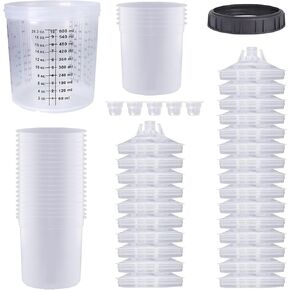 Disposable Paint Sprayer Mixing Cup for Automotive Paint Gun, HVLP Paint Spray Paint Gun 20 Ounce (600ml) Kit with 25 Cups and Lids System, 1 Hard Cup with Retainer Ring and 5 Plugs